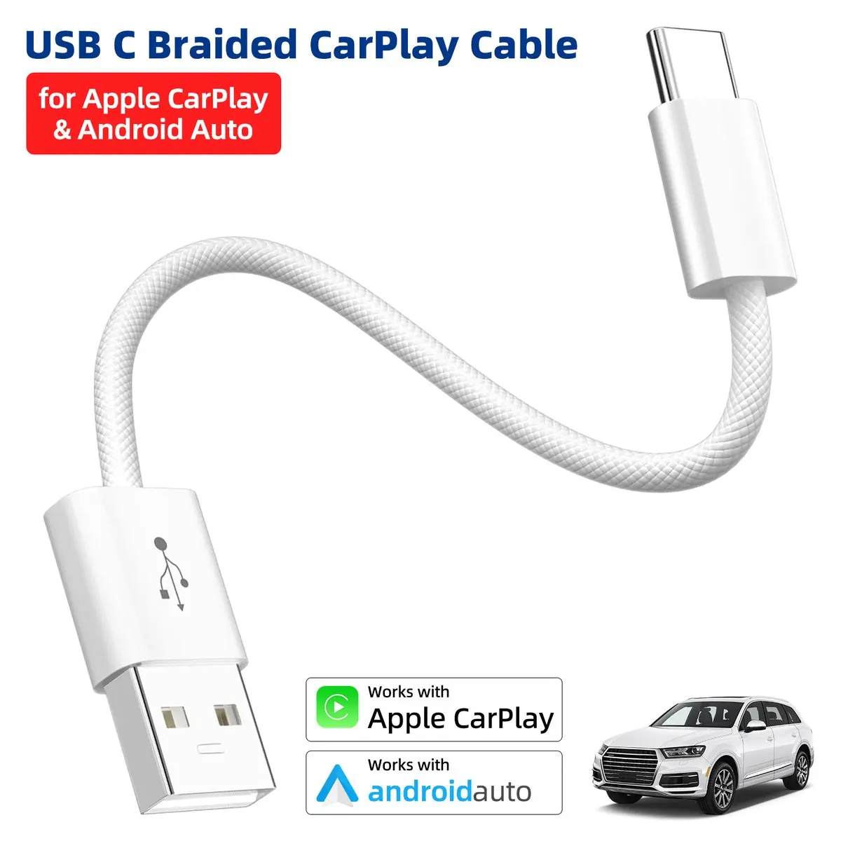 USB C Carplay Cable for iPhone 15 16 17 Series 18W Type C Braided Data Charging Cable Android Auto Car Charging Cord for Samsung
