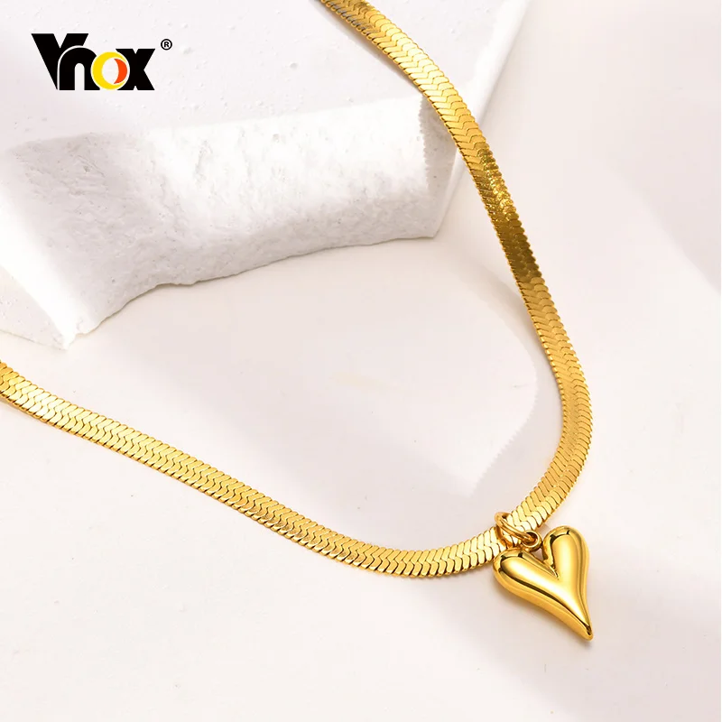 

Vnox 2022 New Fashion Love Heart Charm Necklaces for Women,Upscale Gold Color Stainless Steel Flat Snake Chain Choker Jewelry