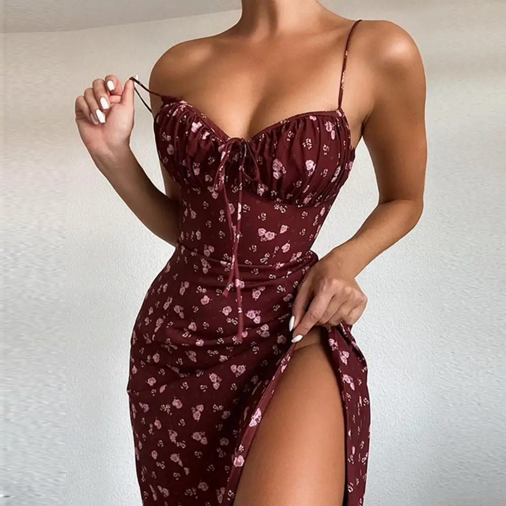 2024 Mouwloze Satijnen Slip Bloemen Ruches Bandage Uitgesneden Maxi Jurk Zomer Vrouwen Mode Sexy Party Club Robe