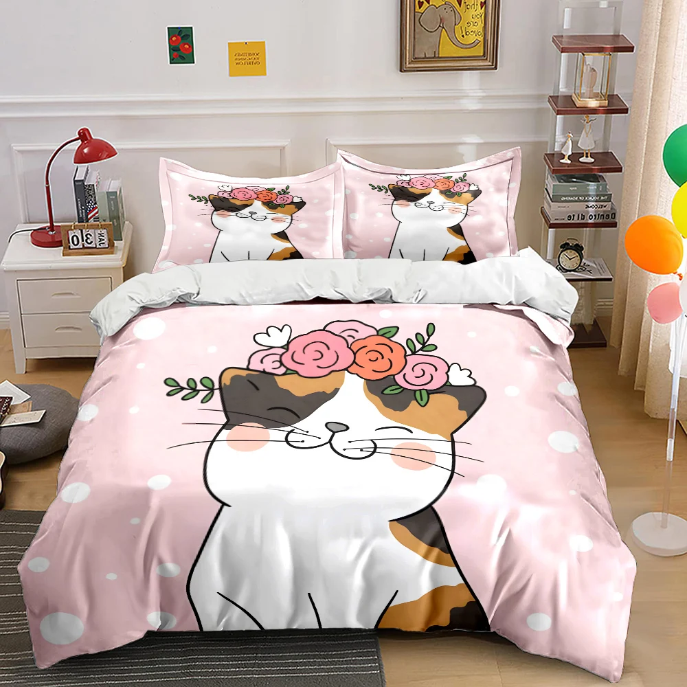 Cartoon-Katze mit Blumenkrone Rosa Bedrucktes Bettwäsche-Set 1 Bettbezug 2 Kissenbezüge für Erwachsene und Kinder Luxus-Geschenk in Vollgröße