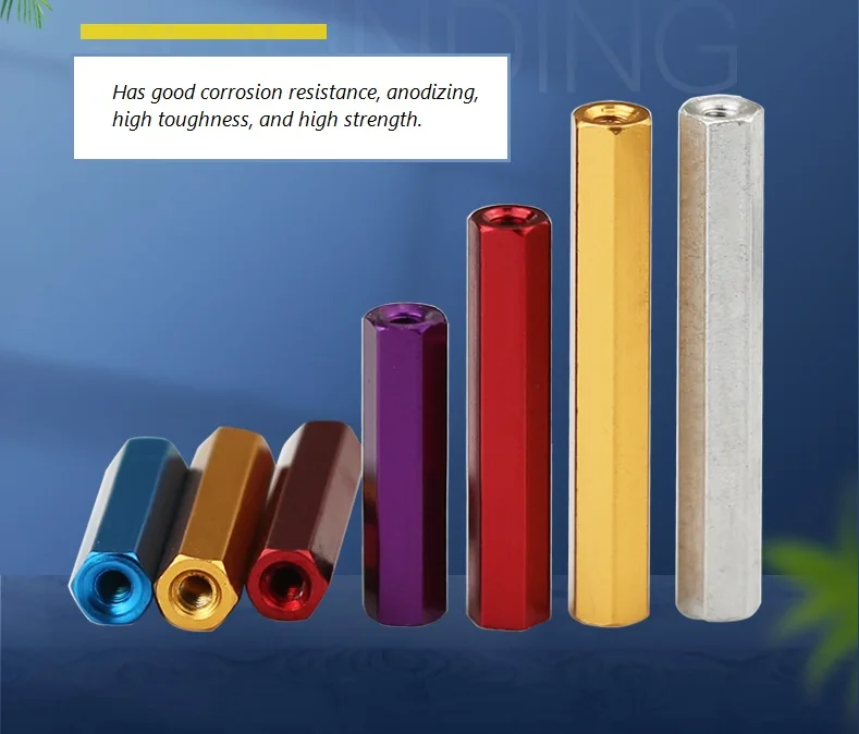 Weiyi Aluminiumlegierungs-Abstandshalter M3*6/8/10/12/15/18/20/21/22/23/25/30/35/37/40/45/50/55/60 Bunte Aluminium-Sechskant-Abstandsbolzen-Muttern – Detail 7