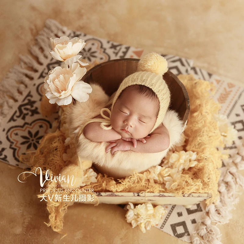 Newborn Photography Props Plush Ball Hat Headflower Rabbit Blanket Props Yellow Theme Set Accessories Baby Studio Shooting