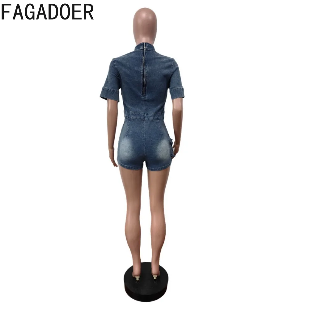 FAGADOER Fashion Cargo Pocket Patchwork Denim Romper Women Lapel Deep V Bodycon One Piece Jumpsuits Female Streetwear Overalls