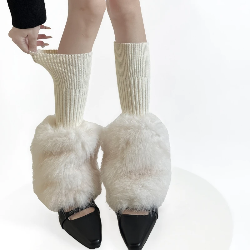 Leg Warmers Women Autumn Winter Warm Knitted Foot Cover Medium Tube Socks Y2K Plush Splicing Fur Leg Cover Knee Socks Stockings