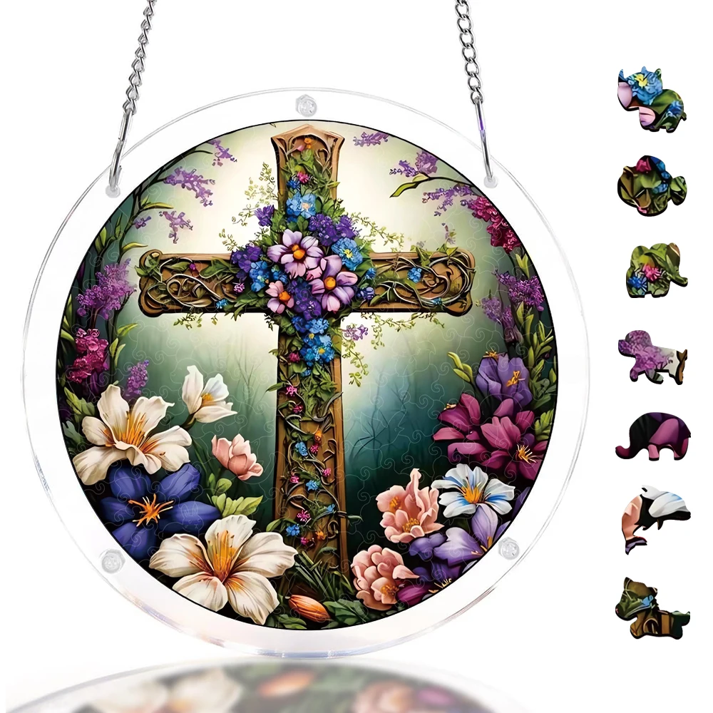 57 Pieces Acrylic Puzzles Suncatcher Window Hanging, Cross Catchers Stained Glass Style DIY Jigsaw Puzzle Kit for Home Garden Decor