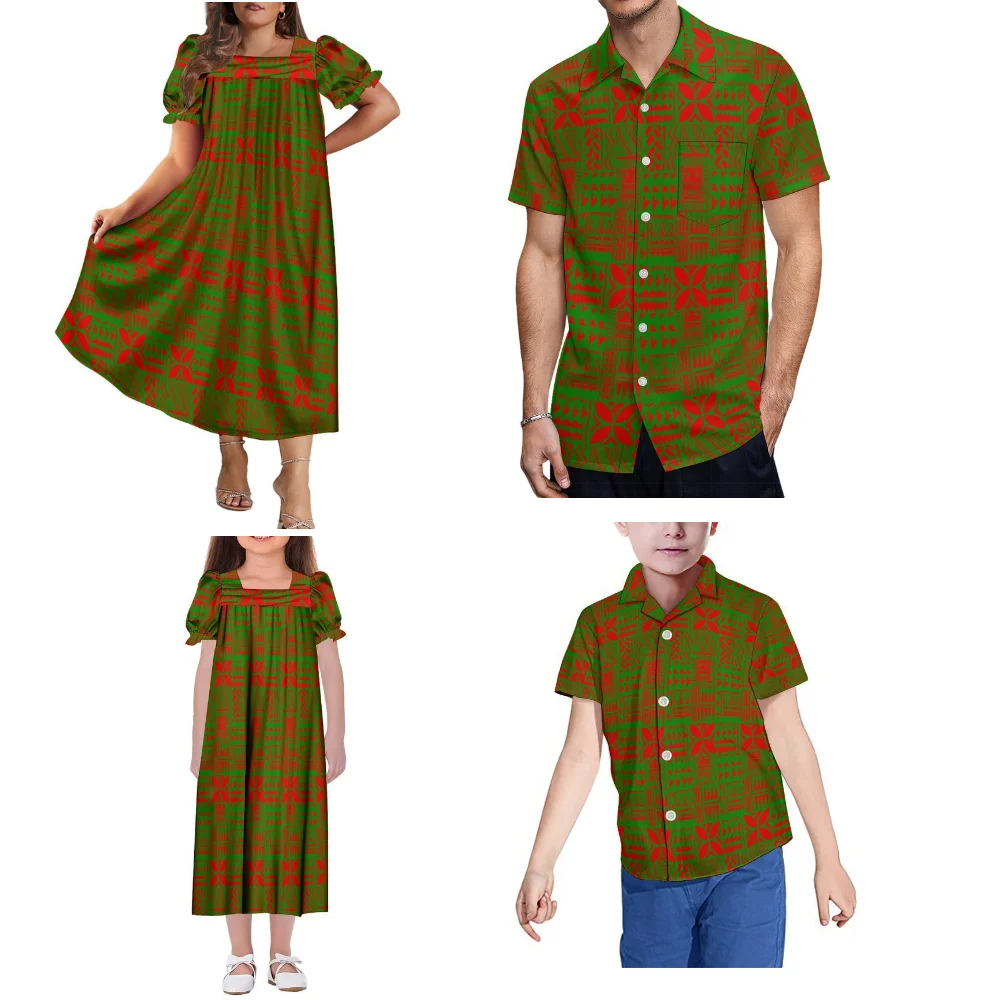 Micronesia Island Tonga conjunto familiar fiesta de Navidad Mumu mujeres vestido de manga abombada hombres playa fiesta Aloha camisa estilo étnico