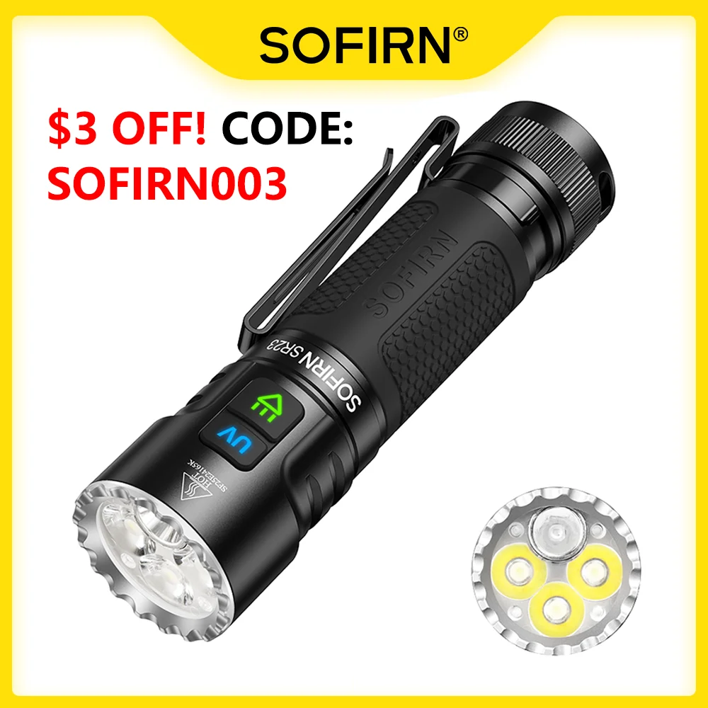 SOFIRN SR23 Dual Light Flashlight - 3300lm White Floodlight with 365nm UV and USB-C Recharge
