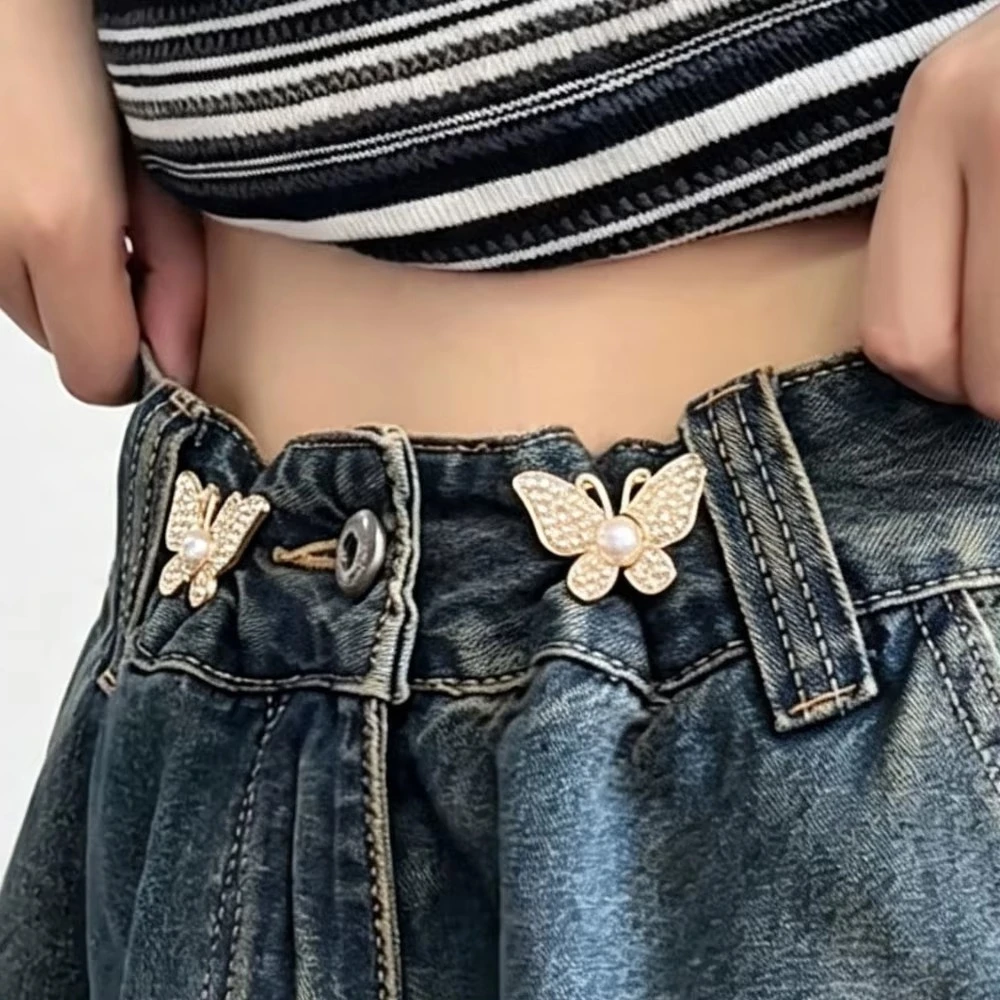 Rhinestone Butterfly Waist Tightener Clips Adjustable Snap Button for Jeans Skirts Pants Clothing Accessories