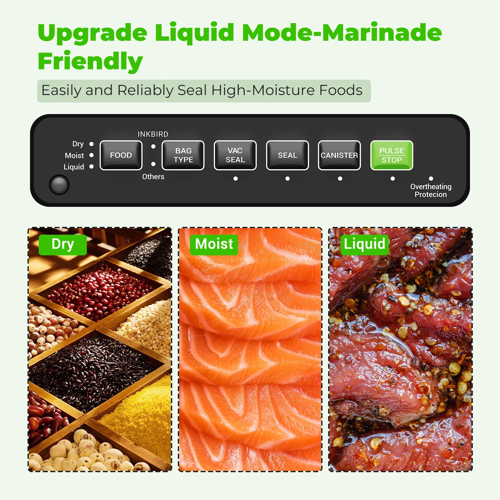 INKBIRD INK-VS05 Home Vacuum Sealer Machine, Dry / Moist / Liquid Food Types with Vac&Seal / Seal Only / Pulse / Canister Modes