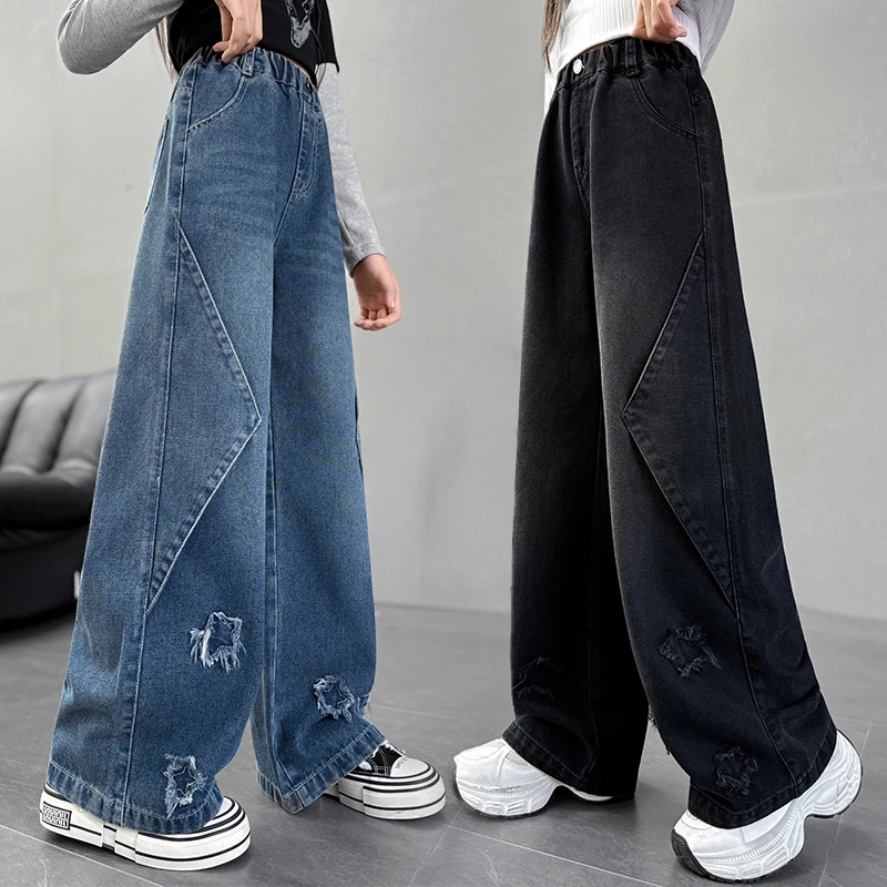 جينز أنيق فاخر للأطفال بأرجل مستقيمة مع نجوم للفتيات سراويل جينز عالية الشارع للأطفال سراويل جينز سوداء وزرقاء #1