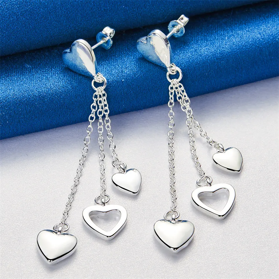 

1 pair of 925 sterling silver exquisite 3 heart-shaped earrings for women's fashion wedding party gifts accessories jewelry