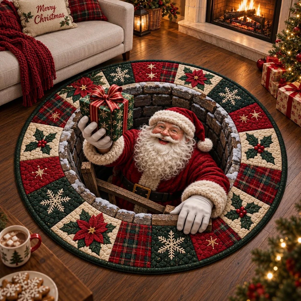 3D Christmas Hole Carpet Santa Holding Gift Box Pattern Quilt Style Border Large Circular Area Mat Festive Floor mat 2D print