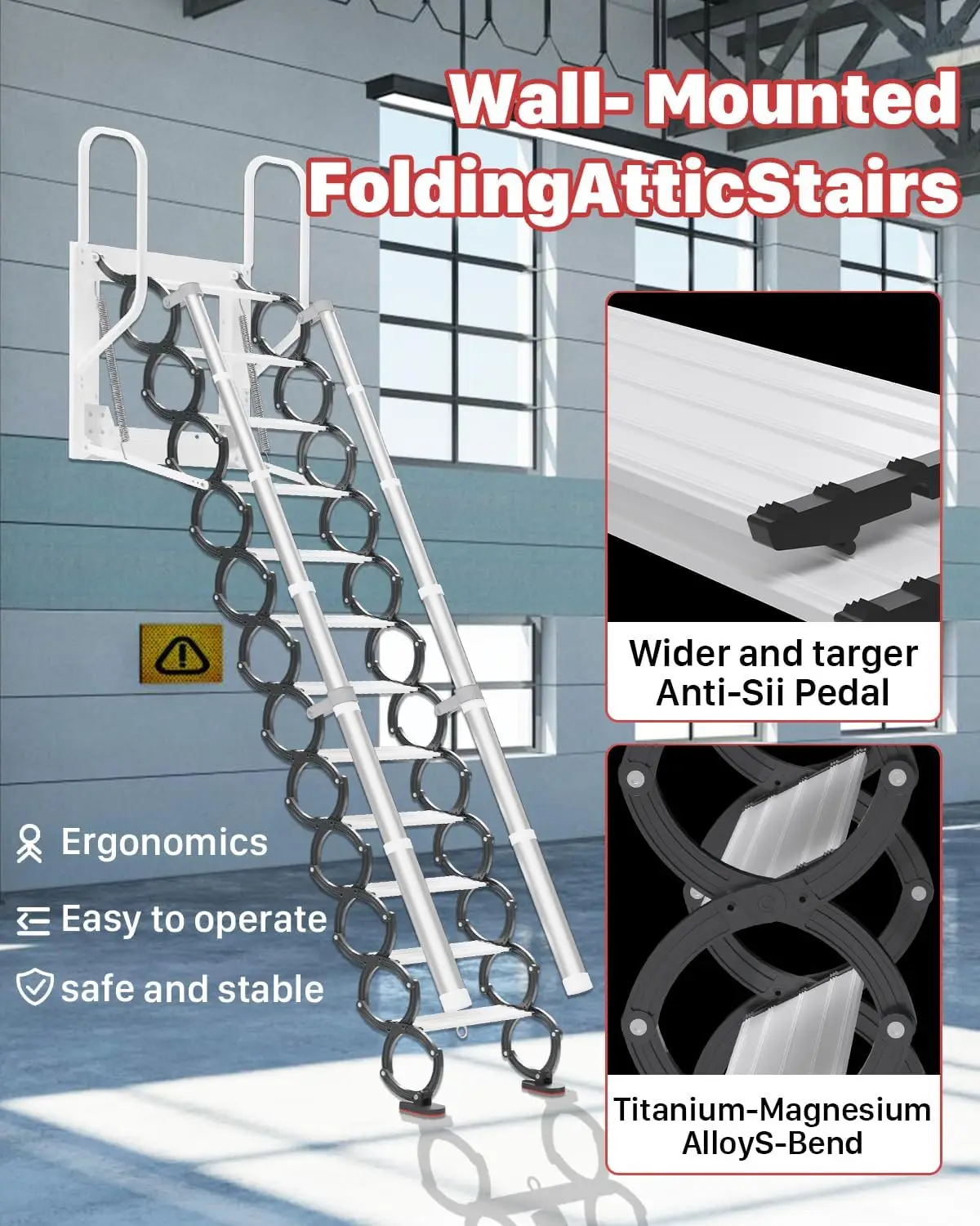 12 Steps Retractable Loft Foldable Ladder, Stairs Pull Down System for Height 9~9.8ft, Wall-Mounted Collapsible Ladder,