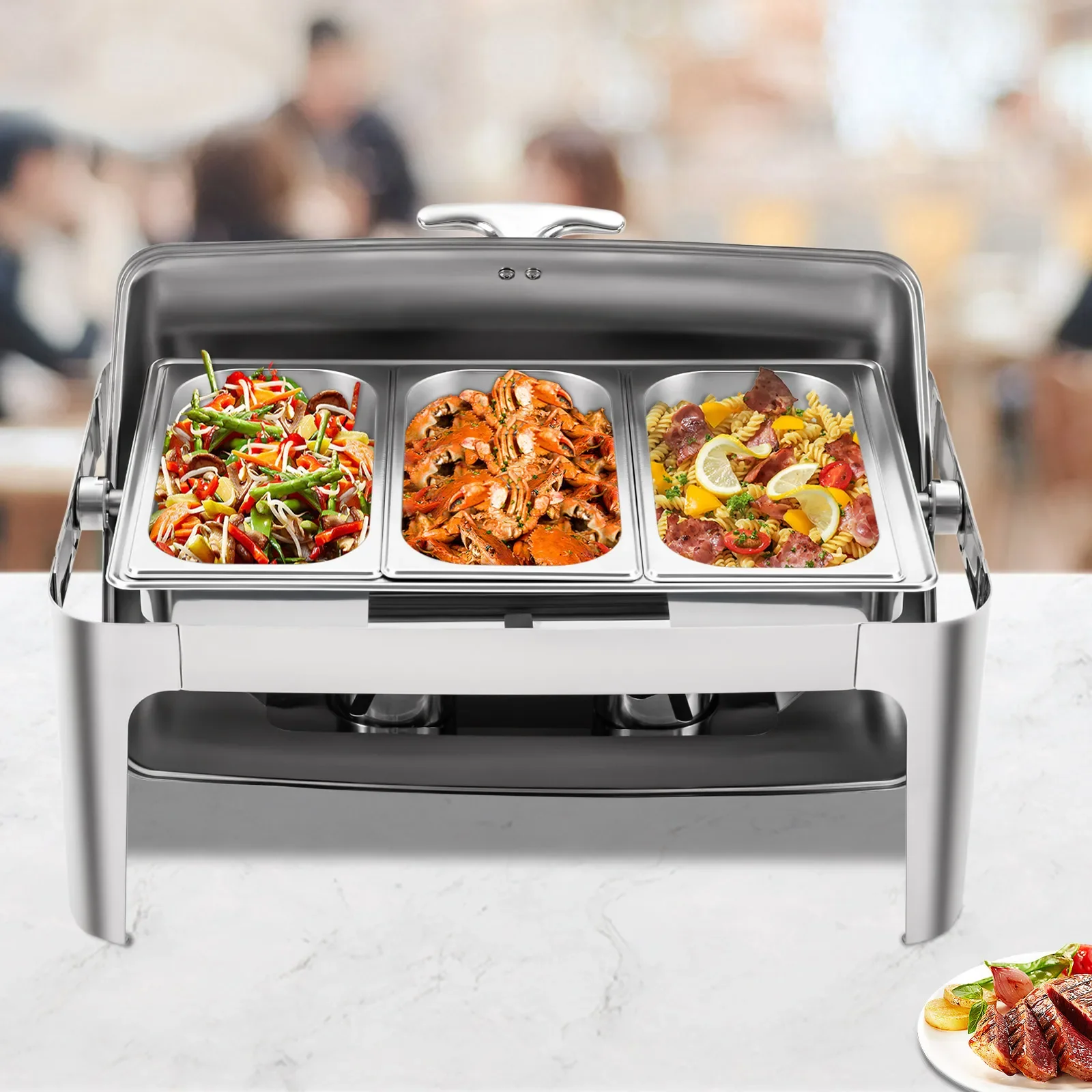 

3-compartment Chafing Dish Flip-Cover Square Cooker (Food Pot + Water Pot) For Home Restaurant Cook, Home Kitchenware