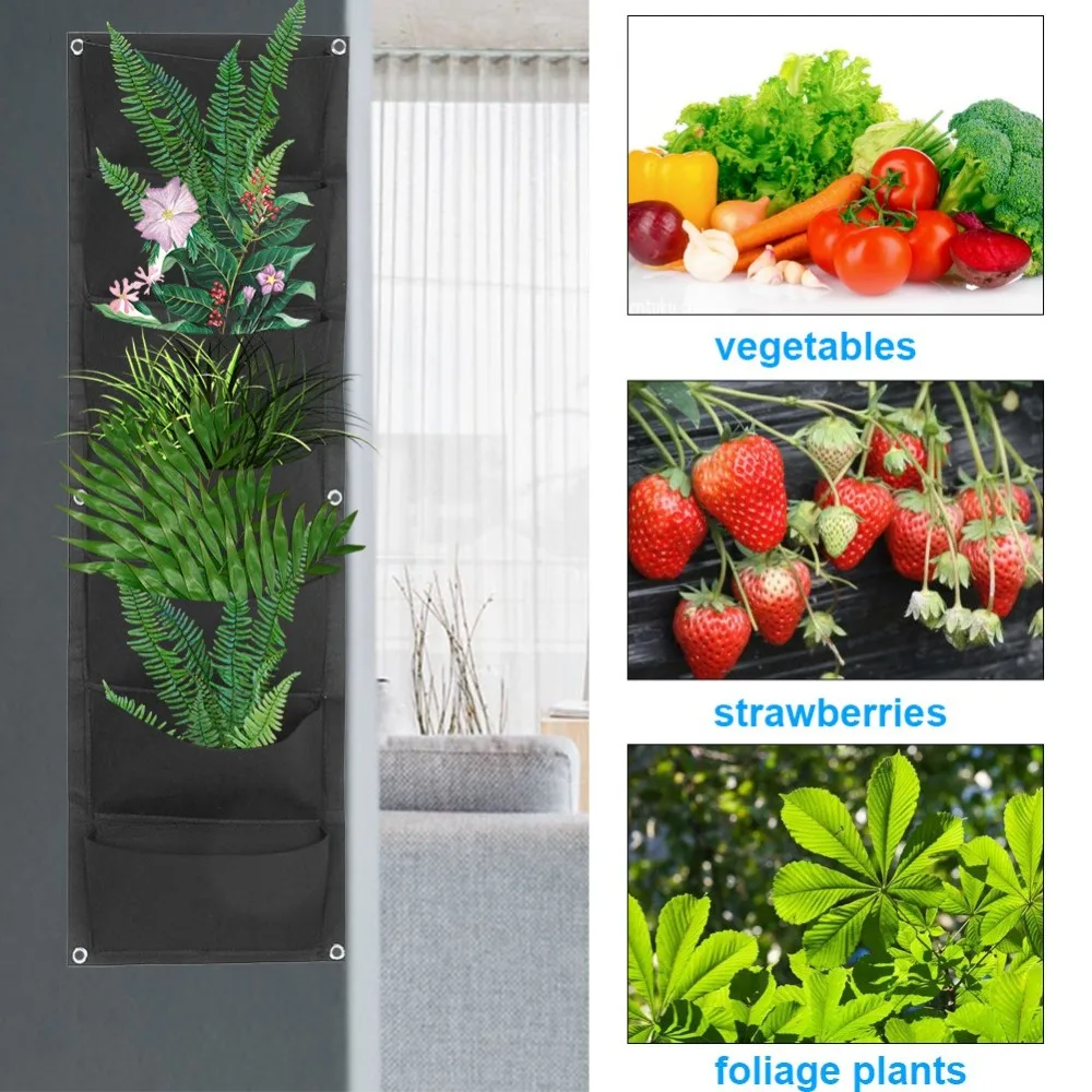 2PCS Durable 7 Pockets Plant Grow Bag Felt 100*30cm Grow Bag Breathable Easy Installation Wall Hanging Plant Bag Wall Planting