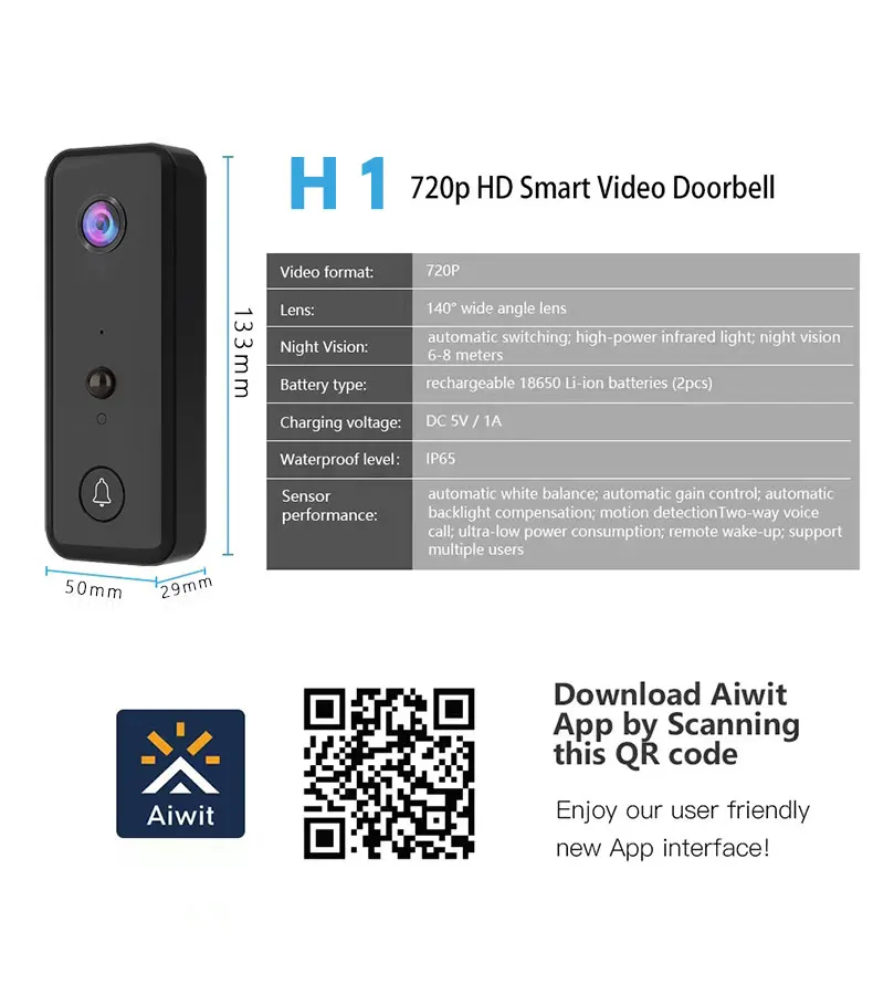 720P Battery Power Wireless WIFI IP Doorbell Visual Door Phone Intercom Peephole Viewer Door Camera With Indoor Chime