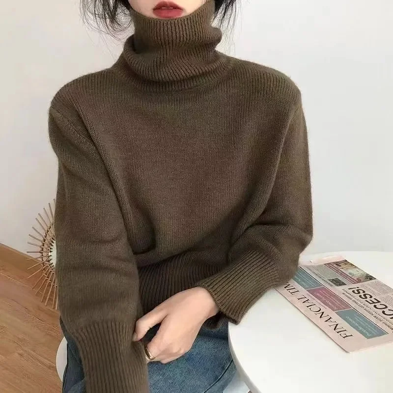 

Women Turtleneck Sweater Solid Loose Lazy Wind Korean Vintage Long Sleeve Pullovers Spring Autumn Office Lady Casual Jumpers New