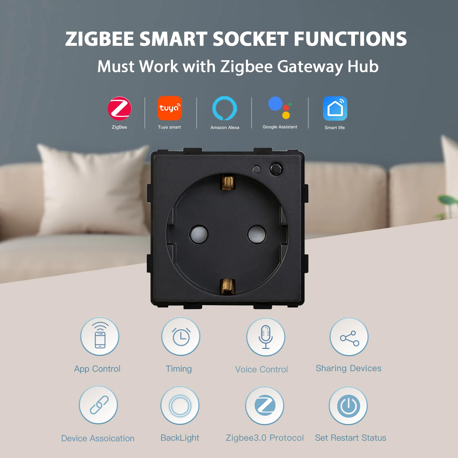 BSEED Zigbee Smart Socket EU Power Monitor Outlet DIY Function Parts Work With Tuya Smart Life Alexa App Indicator Wall Mounted