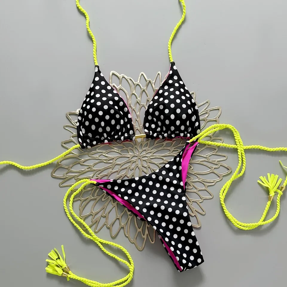 

2026 Women's Polka Dots Micro Bikini Set, Halter Triangle Tie Side String Two Piece Swimsuit Bathing Suit