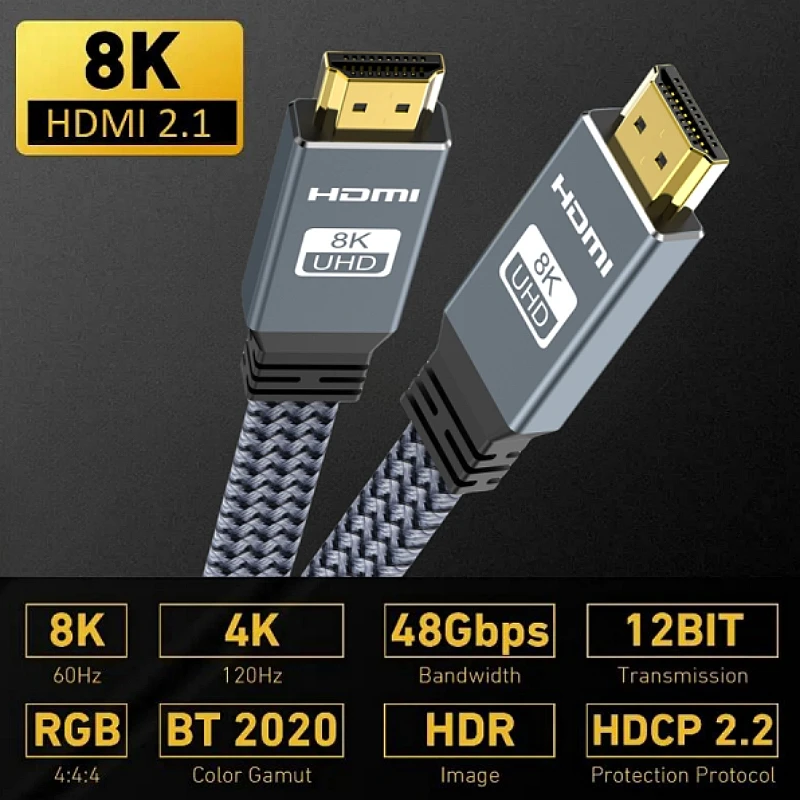 8K HDMI Flat Cable 48Gbps High Speed 8K60 4K120 144Hz Braided HDMI 2.1 Cord 3D eARC HDCP 2.2&2.3 Compatible with Roku TV/PS5