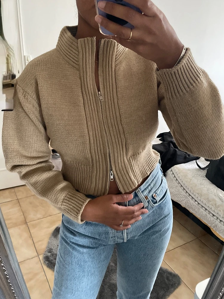 

New Collection 2023 Y2K Zippers Cardigans Knitted Vintage Fashionable Elagant Women's Autunm Winter Sweaters Short Tops Hot Girl