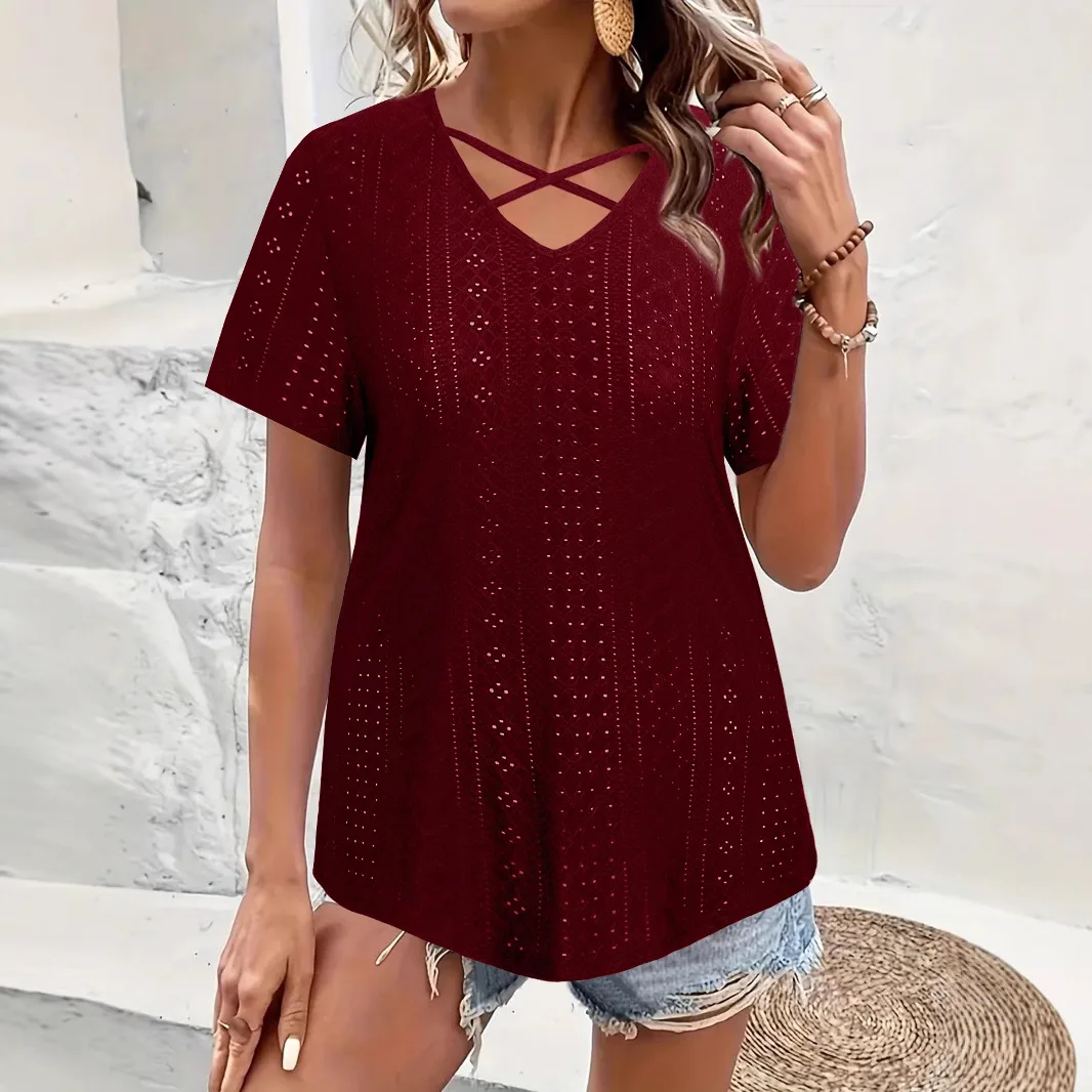 Y2K جديد الصيف المرأة عادية تنفس قصيرة الأكمام تي شيرت الخامس الرقبة مطوي الجاكار محبوك قمة المألوف فضفاض #5