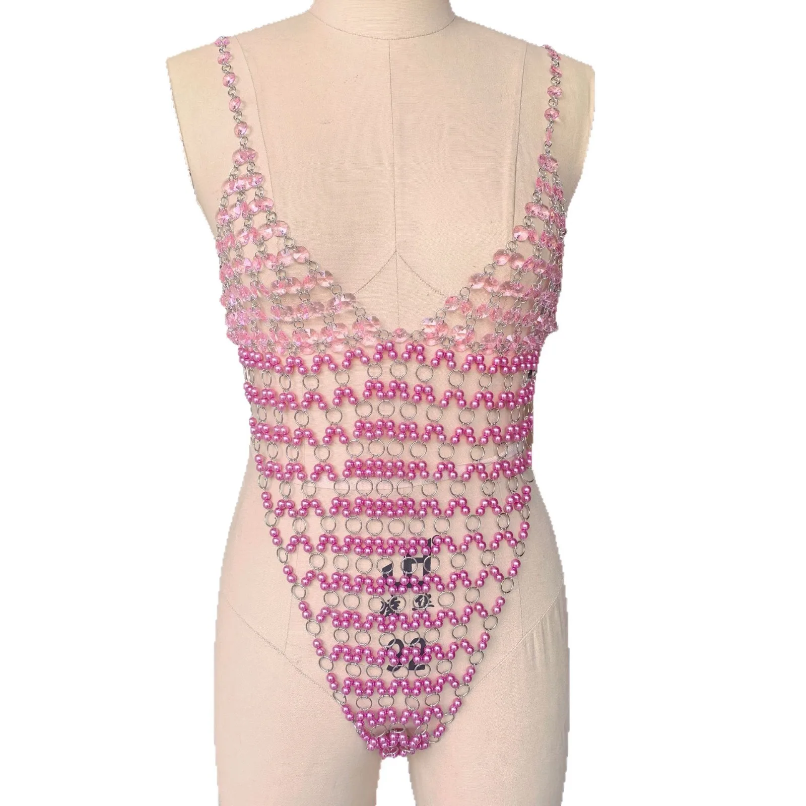 Handmade Women Festival Nightclub Wear Sexy Backless Deep V Neck Crystal Body Chain Pink Beaded Bodysuit