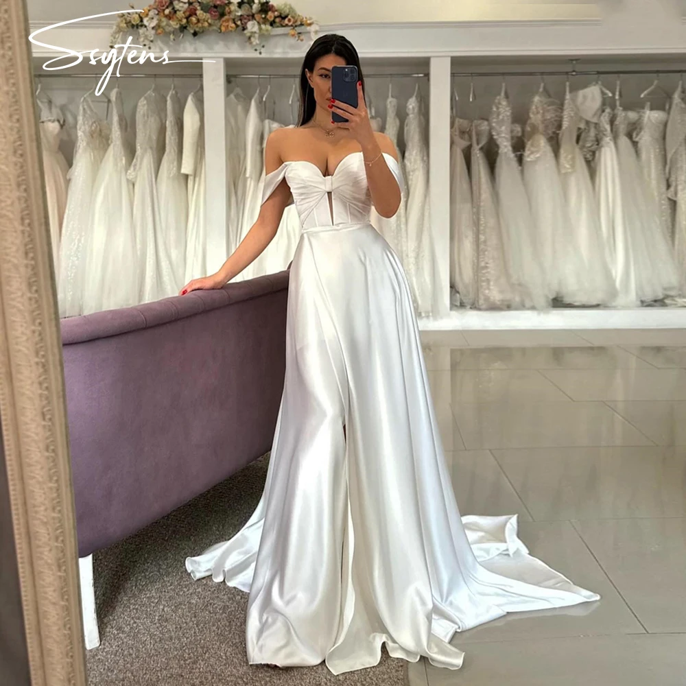 Sexy Solid Satin A Line Wedding Dresses for Bride Off The Shoulder Long Robe De Mariée 2024 Floor Length Bride Dresses For Women