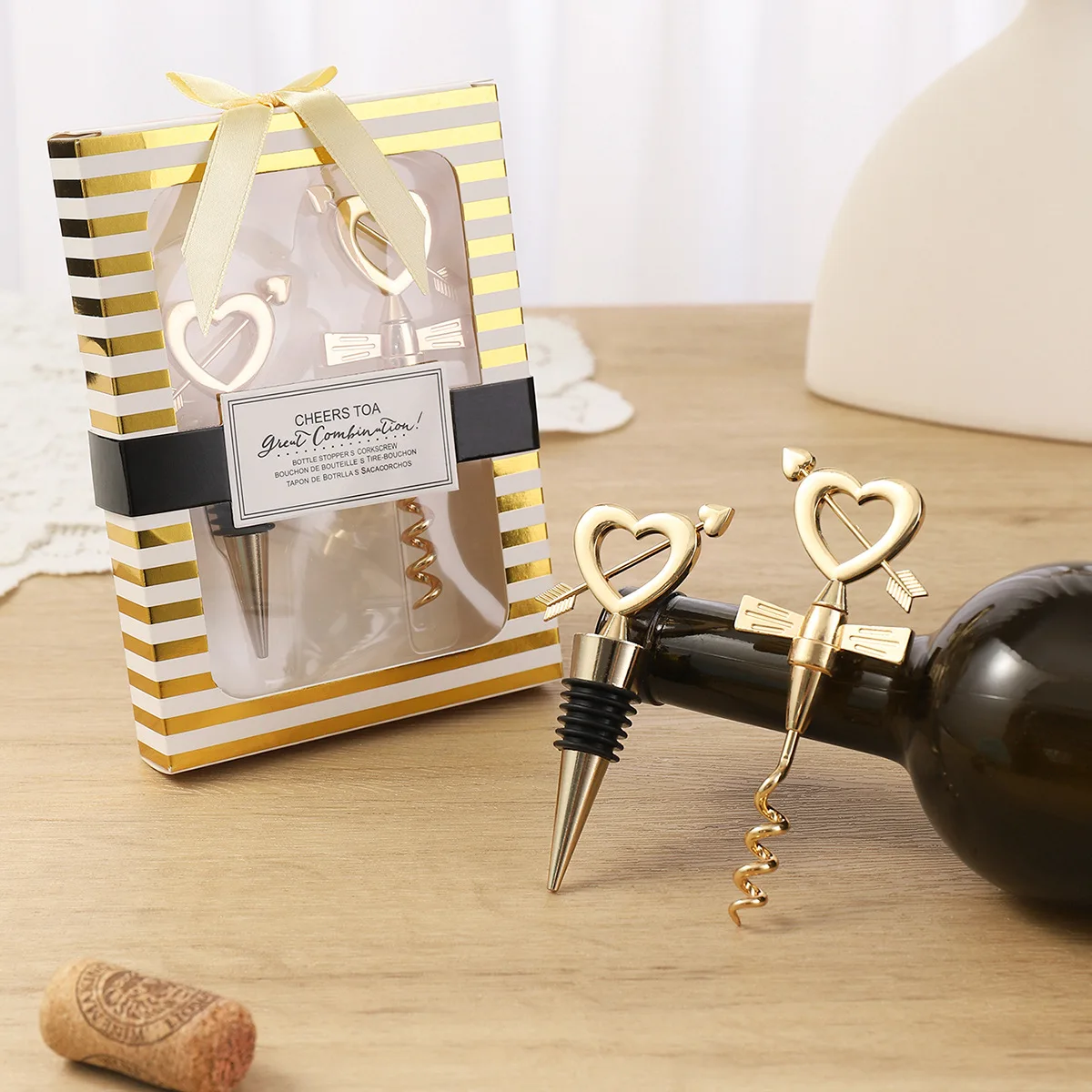 

Free shipping 10sets/lot arrow piercing through the heart Cheers To A Great Combination Gold Wine Set Party Favors