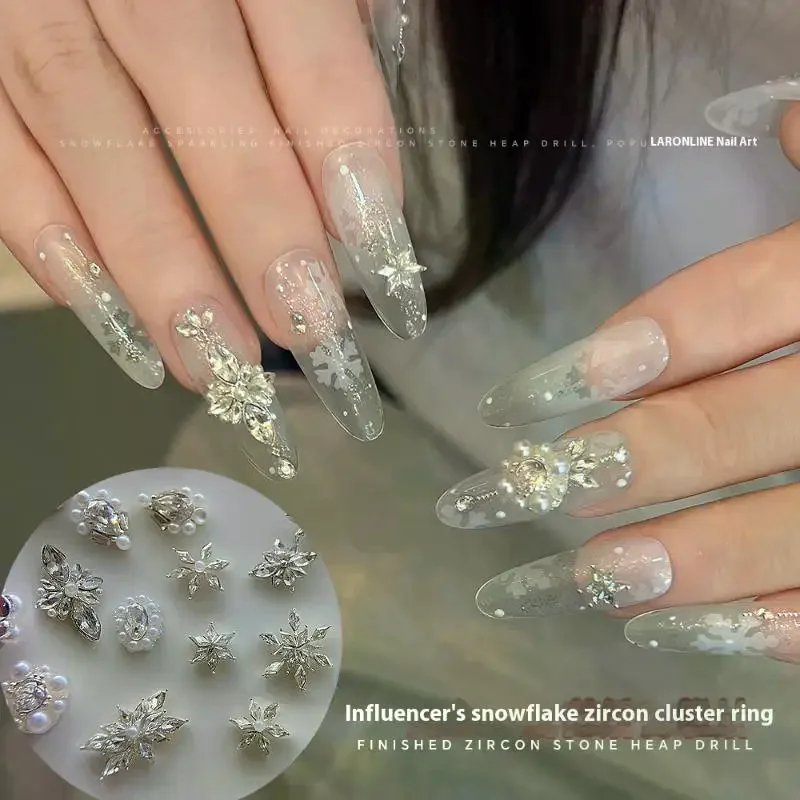 5 SZT. Ozdoby do paznokci w kształcie biżuterii, świąteczne paznokcie, efekt flash, dekoracje, płatki śniegu, cyrkonie, perły, kryształki, akcesoria, zawieszki, kwiaty