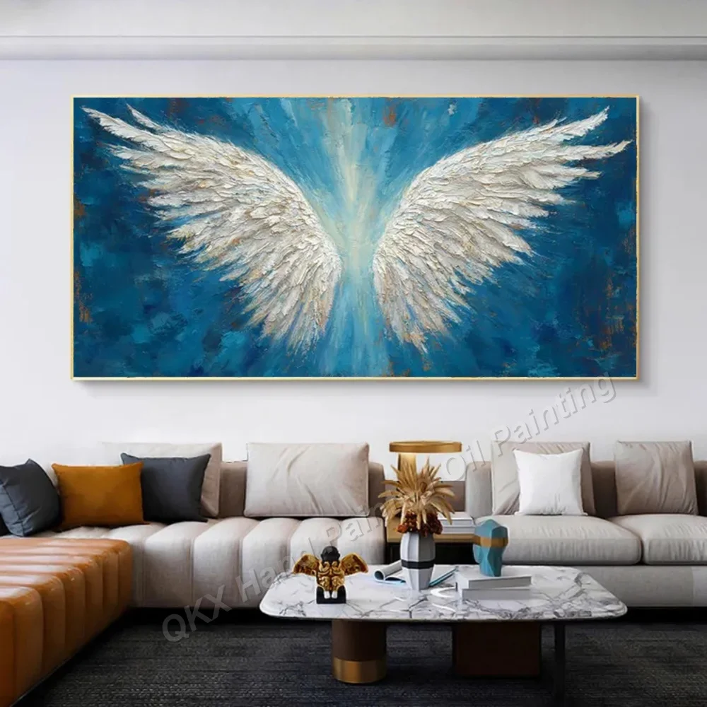 Impasto 3D White Angel Wings Hand-Painted Oil Painting on Canvas Deep Blue Textured Wall Art Decor for Living Room