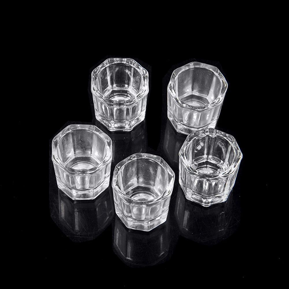 Mini cristal acrílico transparente, polvo octogonal pequeño, taza para uñas líquidas, cepillo para uñas, herramienta de cuenco para mezclar líquido de limpieza