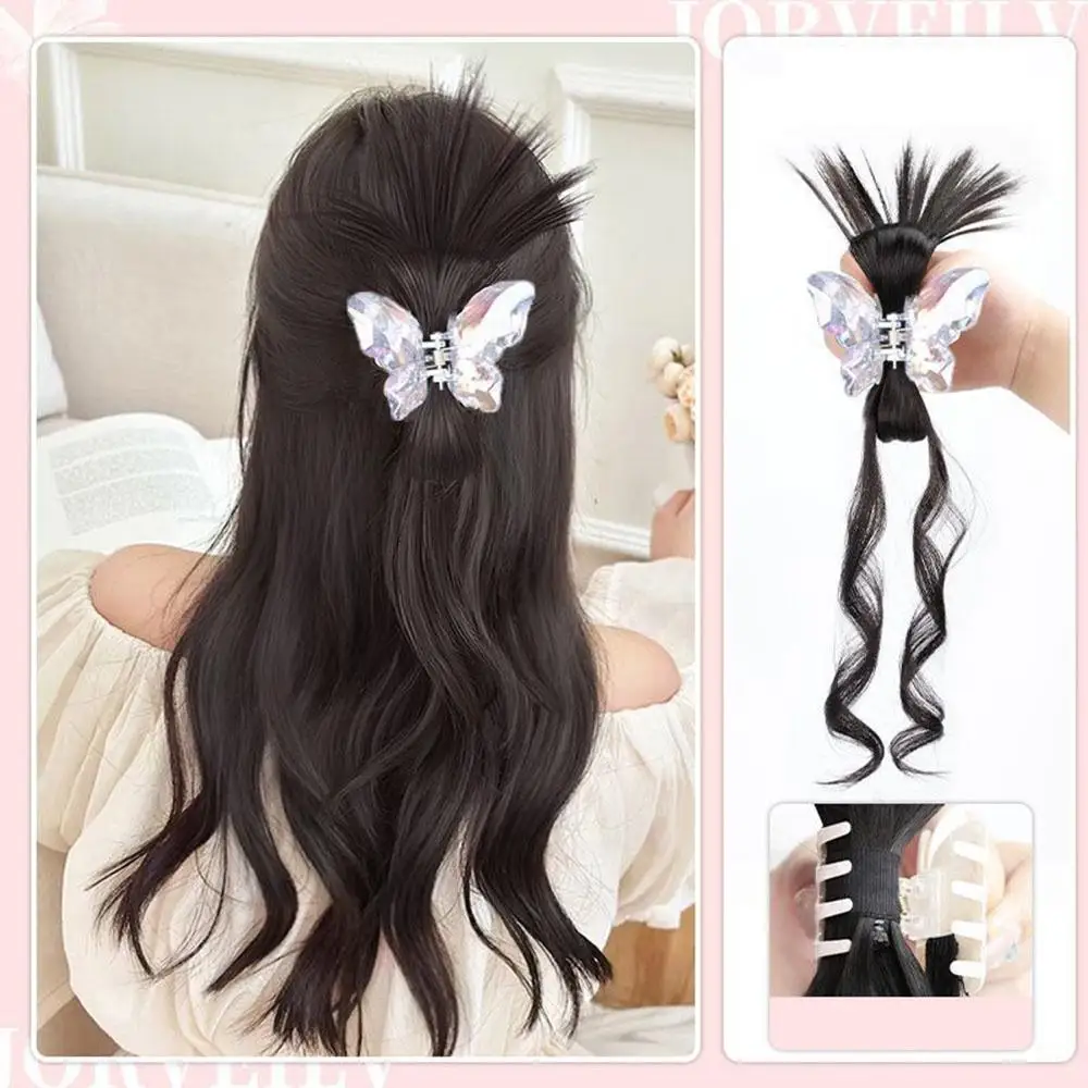 1 pcs Y2K girls sweet Chicken feather dragon dragon Half-tied ponytail butterfly clip ponytail wig hair Extensions