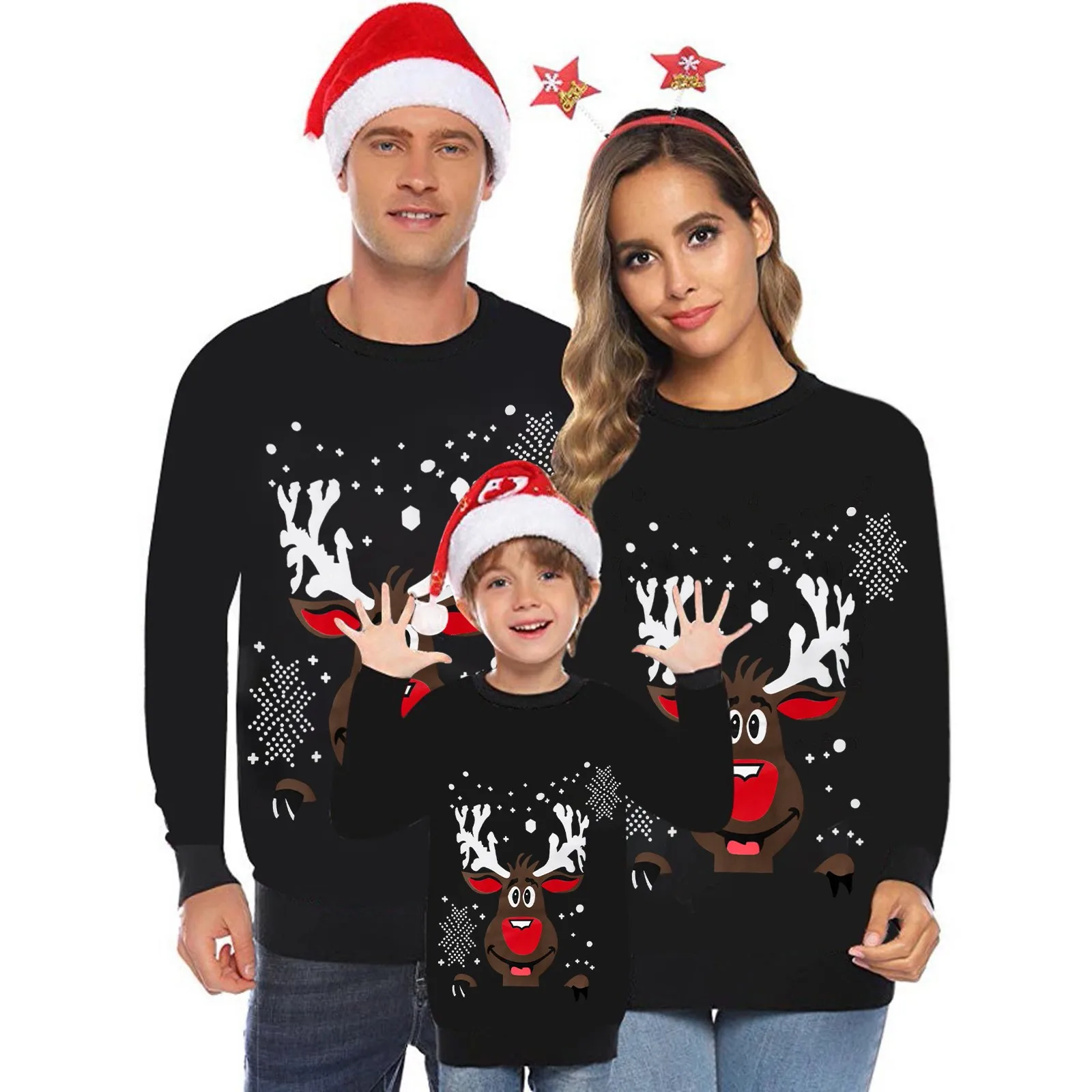 

Christmas Family Look Matching Outfits Sweatshirts Pullovers 3d Cartoon Reindeer Print Matching Hoodies O-Neck Fleece Tops Xmas