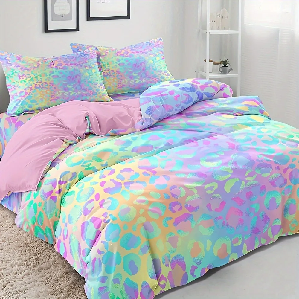 Rainbow Gradient Leopard Print Bedding Set Pink Reverse Duvet Cover Set Colorful Animal Spots Quilt Cover Pillowcases No Sheet
