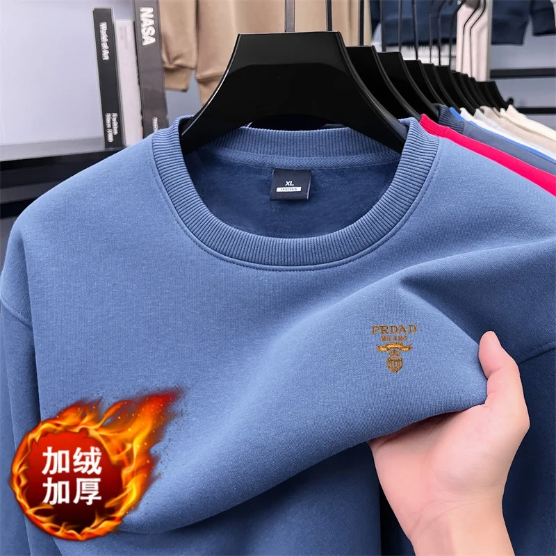 

Men's Hoodie with Thickened Velvet 2025 Winter New Round Neck Solid Color Warm Base Shirt, One-piece Velvet Top