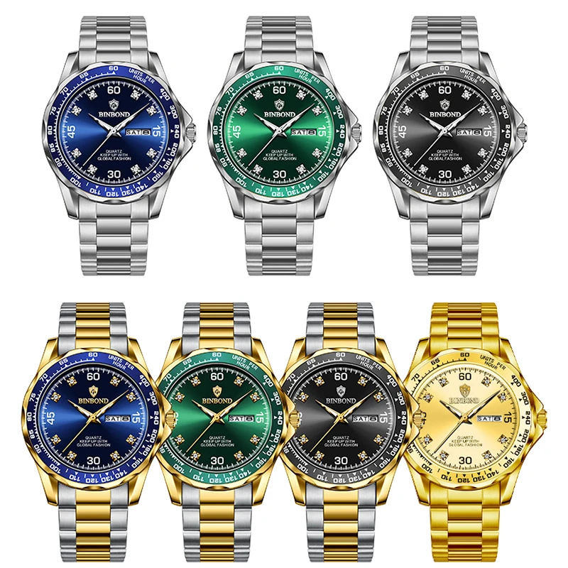 BINBOND B503 ساعات يد كوارتز مقاومة للماء للرجال، ساعات عمل بحزام من الفولاذ المقاوم للصدأ للرجال، ساعة عرض أسبوع التقويم