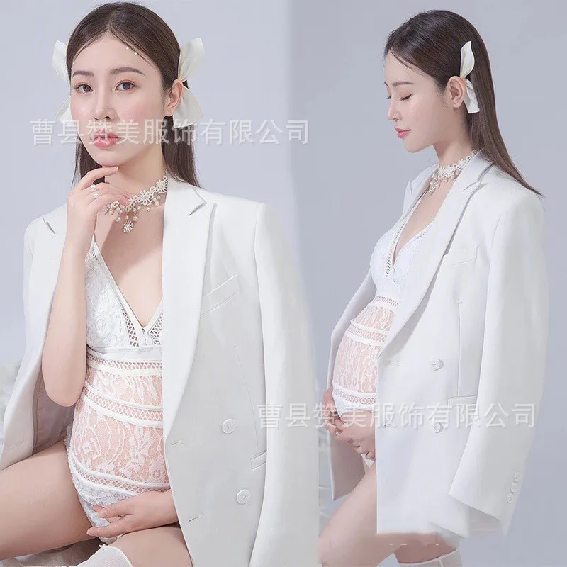 Women Sexy Maxi Gown Photo Props White Lace Fancy Maternity bodysuit+coat hotography Pregnancy Shoot Dresses Clothes Pregnant