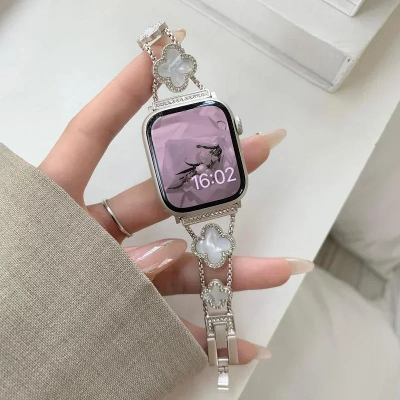 Diamond Four-leaf Clover Metal Strap for Apple Watch Ultra2 Women Band 49/46/45/44/42/41/40/38 Iwatch Series 10 9 8 7 6 Bracelet image 3