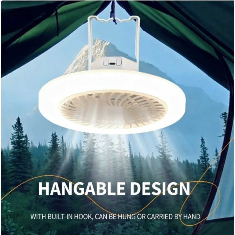 

Портативный USB-вентилятор с LED-подсветкой, перезаряжаемый, с мощным потоком воздуха, для кемпинга, палатки, офиса, спальни, для использования в помещении и на улице