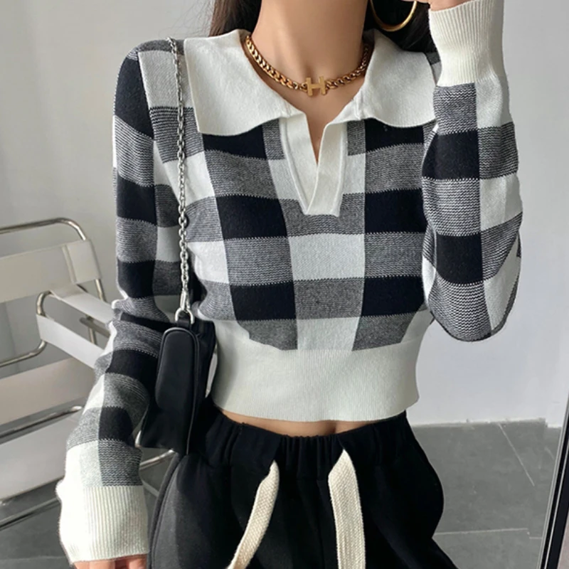 Herbst Vintage Stricken Crop Tops Frauen Pullover Pullover Weibliche Lange Hülse Elastische Beiläufige Plaid Gestrickte Shirts
