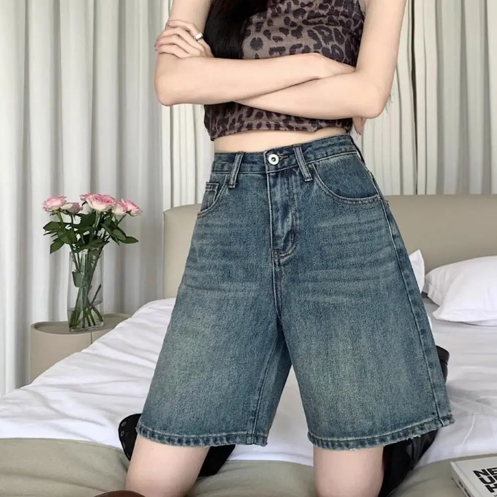 HWomen Denim Shorts High Waist Vintage Washed Straight Wide Leg Pure Color Button Zipper Closure Streetwear Knee Length Jeans Sh view 4