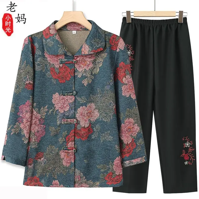 Oma Langarmhemd Mantel Frühling Herbst mittleren Alters ältere Mutter Bluse Hose Set Mode druck Strickjacke Hemden Jacke 5xl