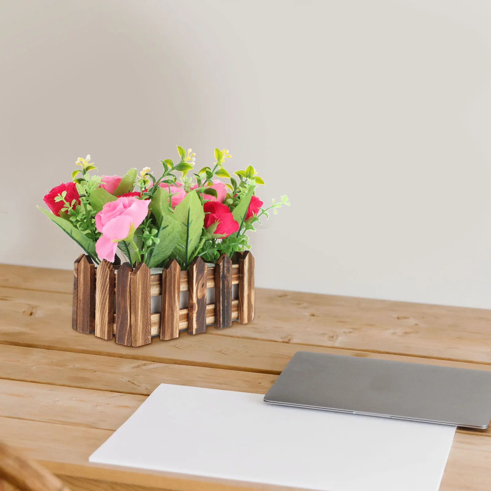 

Simulation Potted Decoration Faux Flower Plants Wood Picket Fence Home Ornament Fake Bonsai Artificial Plant Chic Style