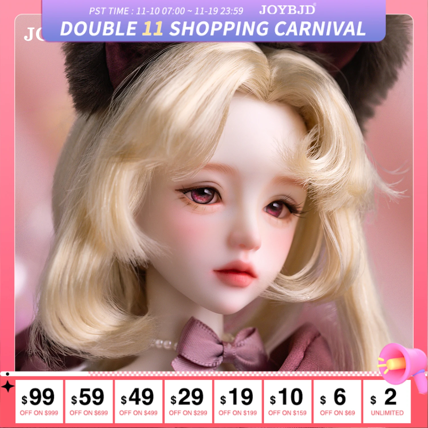 

JOYBJD Lvy 1/4 BJD Fullset C Fantasy Elf Doll Lolita Preppy Style Red Dress Christmas Gift Cute Cat Head Headwear Resin Toy