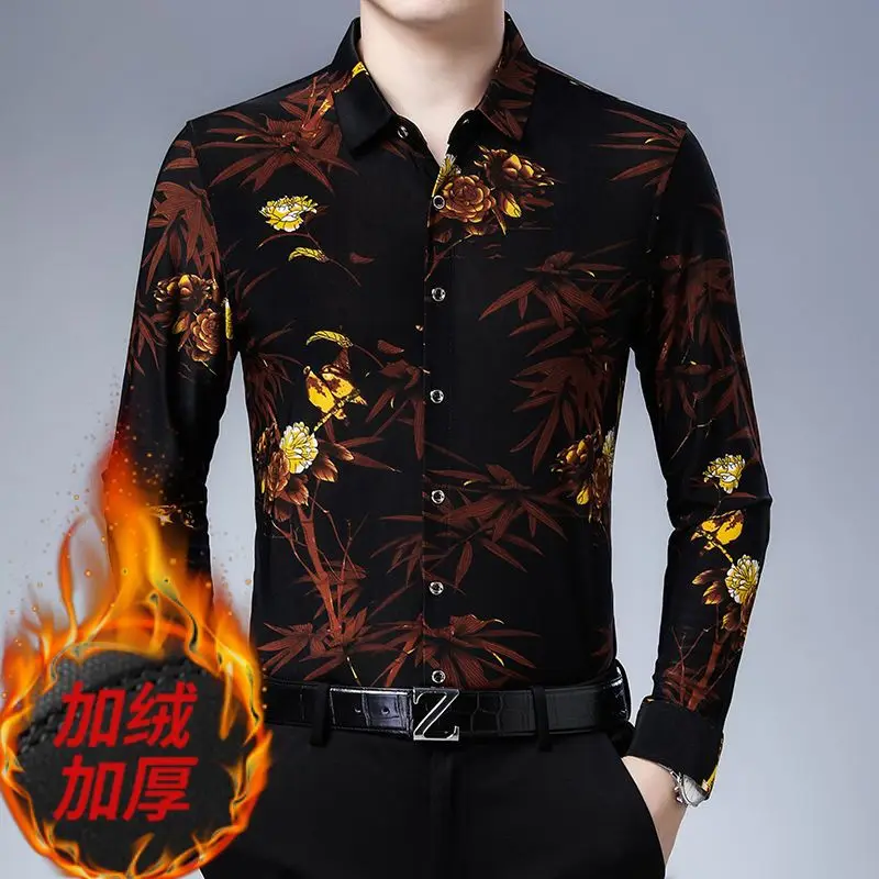 2023 New Men\'s Clothing Shirt Autumn Winter Thick Polo-Neck Long Sleeve Loose Oversized Fashion Casual Business Printed Tops