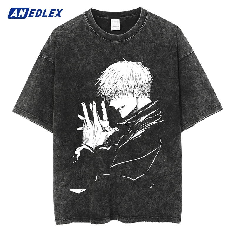 

Men Streetwear Vintage Washed T-Shirt Men Hip Hop Japanese Anime Portrait Print T Shirt Harajuku Cotton Summer Short Sleeve Tee