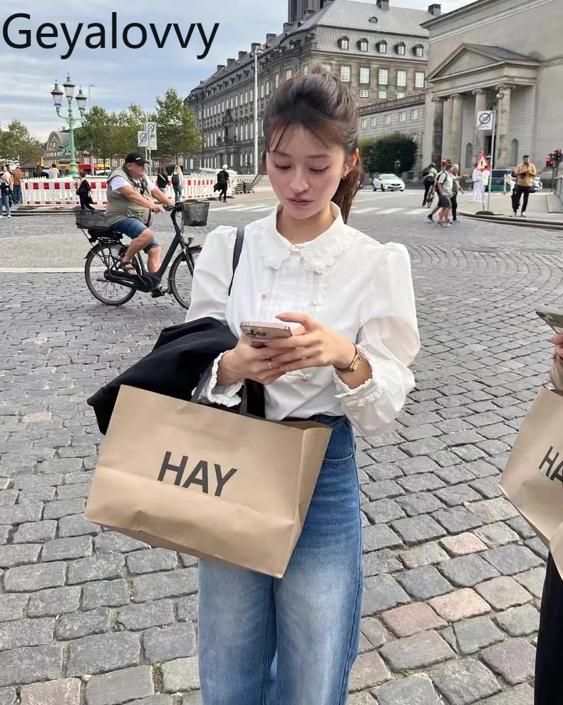 خريف جديد الفتيات الحلو تنوعا قميص أبيض الدانتيل الفرنسي والتطريز الدانتيل طوق صف مزدوج الذهب زر نفخة قميص طويل الأكمام