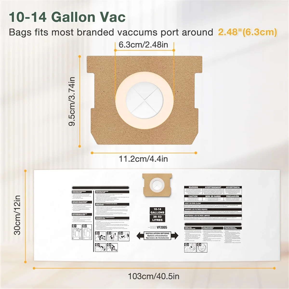 8PCS 10-14 Gallon Vacuum Bags for Shop Vac Bags, Disposable Wet Dry Vaccum Collection Bags Replace Part Type 90672