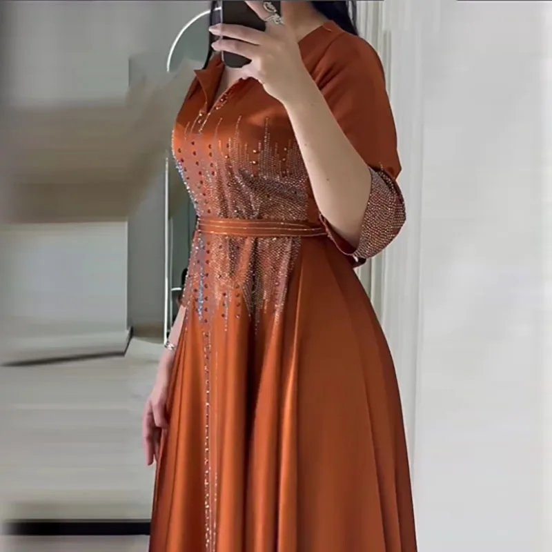 Strass cor sólida vestido de outono feminino sexy com decote em v manga comprida plissado vestido de baile 2025 elegante cetim balanço vestidos de festa